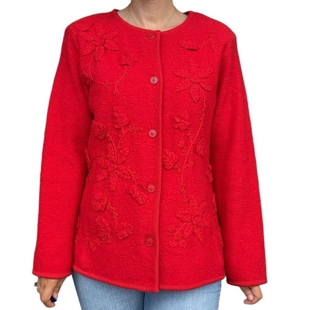 New Alfred Dunner Red 100% Wool Floral Patches Crewneck Cardigan Sweater Size S